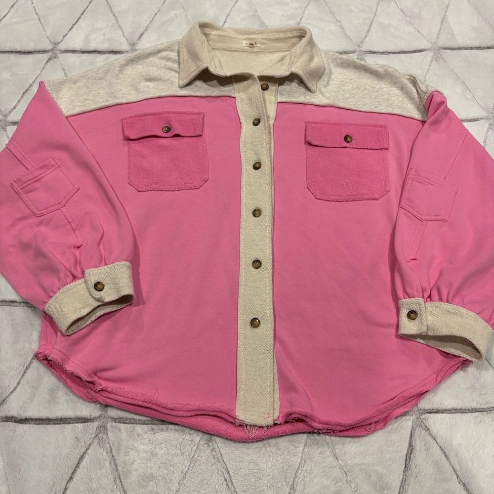 POL Jacket Womens Large Pink Color Raw Hem Long Sleeve Comfy